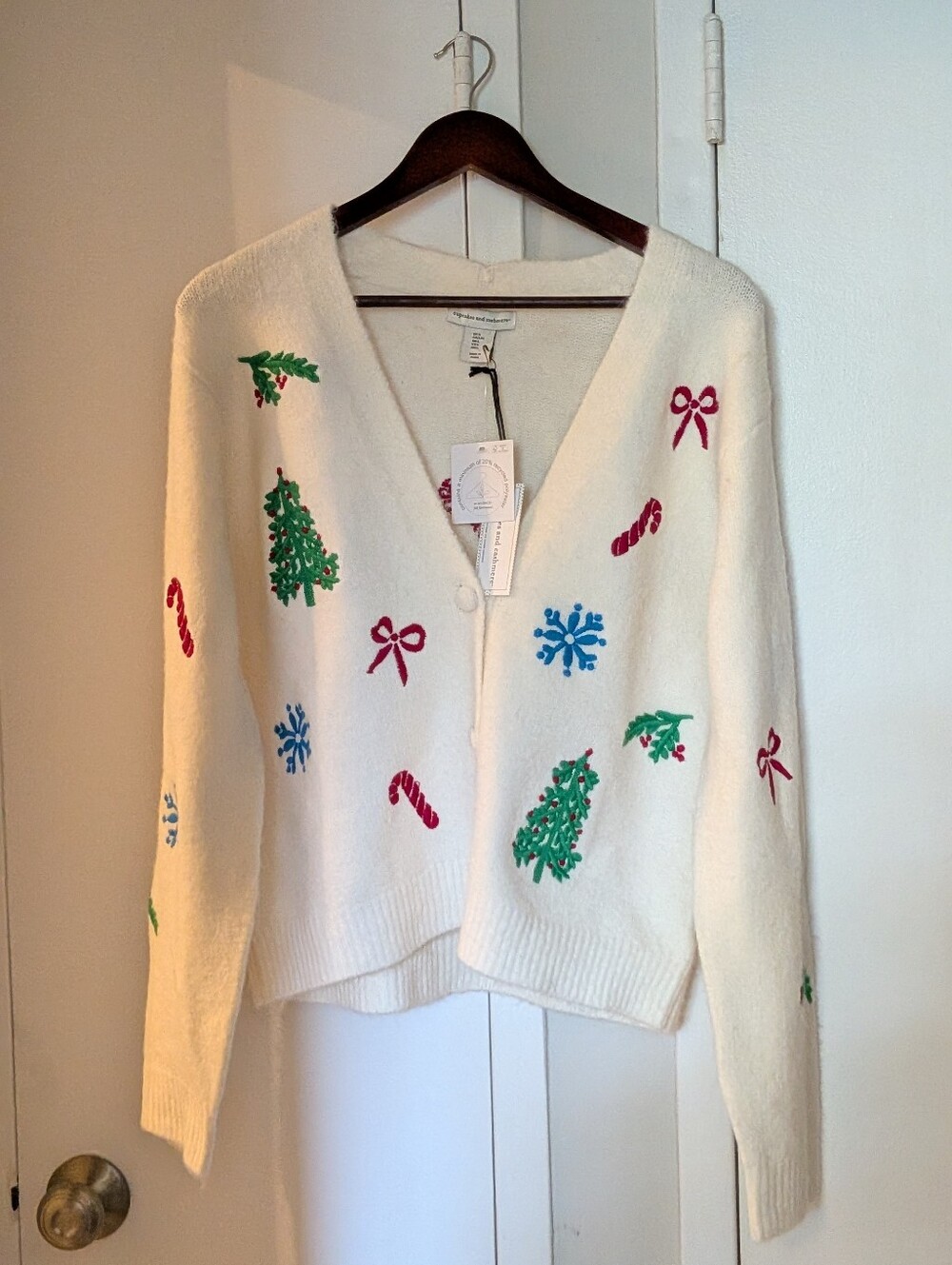Festive Christmas Cardigan Sweater - Embroidered Candy Cane, Tree And Snowflakes